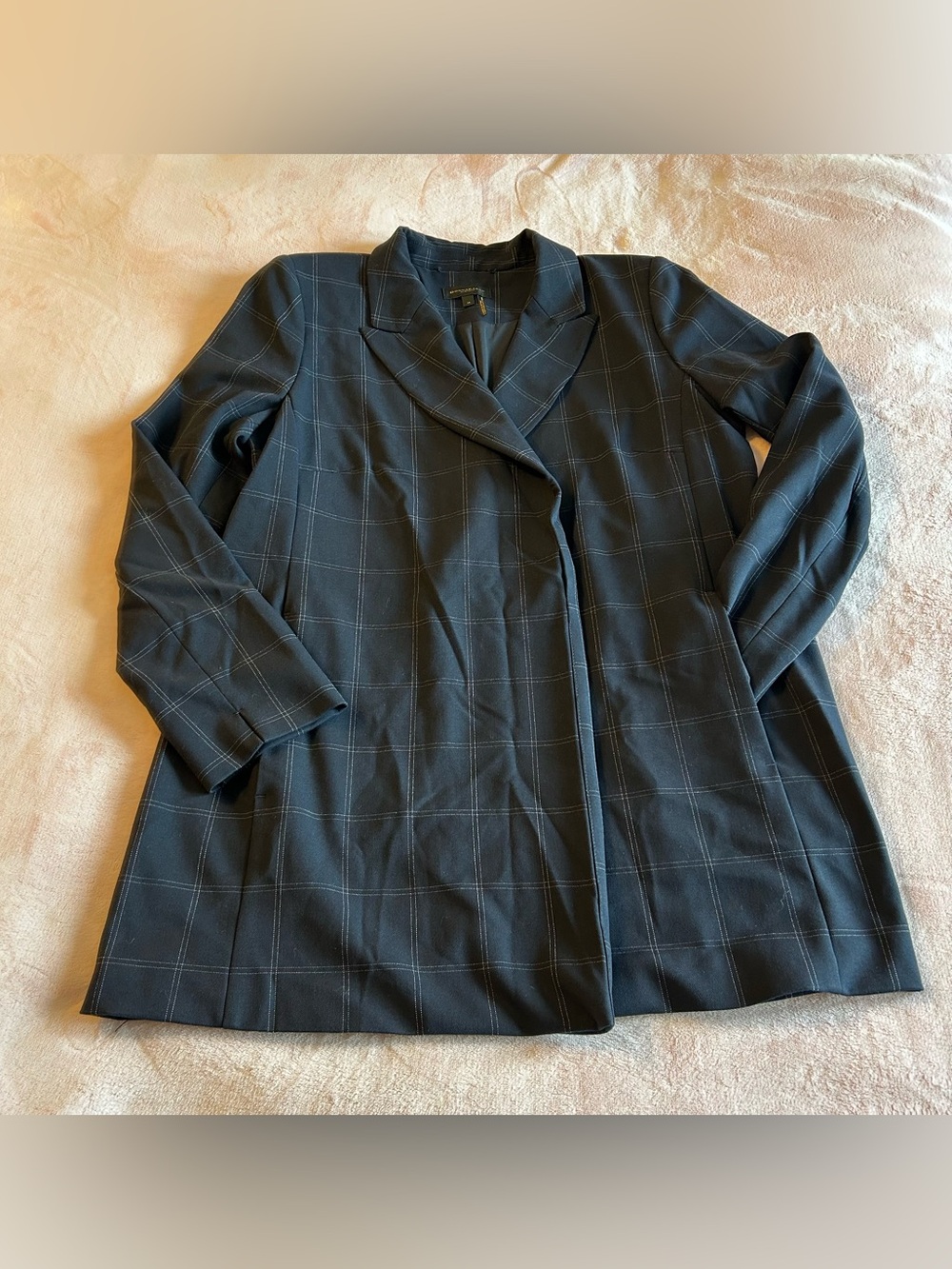 Donna Karan New York longline blazer jacket navy windowpane plaid size 14 career